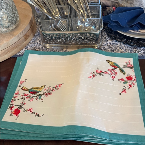Brand New Vintage Lenox “Chirp” Floral Bird Print Placemats (6) - Teal and White - Picture 1 of 7